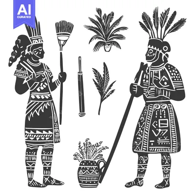 Two Indigenous Figures in Traditional Attire with Plants and Tools