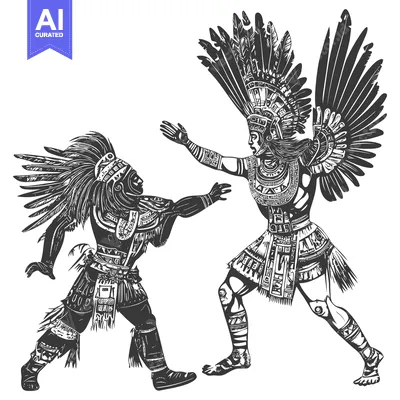 Two Indigenous Figures in Traditional Dress Engage in a Ritualistic En