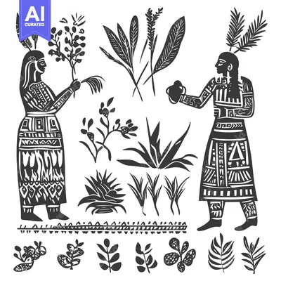 Two Indigenous Figures with Geometric Patterns and Floral Elements