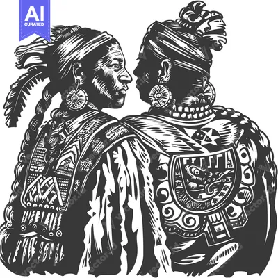 Two Indigenous People in Elaborate Headdresses Facing Each Other
