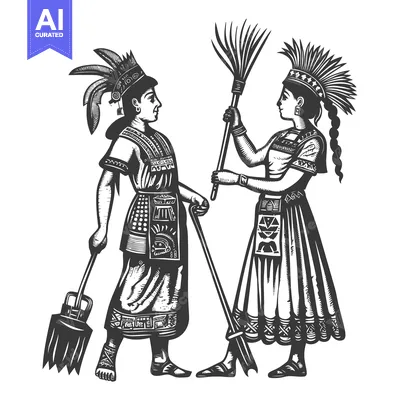 Two Indigenous People in Traditional Attire with Tools