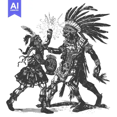 Two Indigenous Warriors in Elaborate Regalia Engaging in Ritualistic C