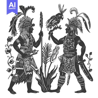 Two Indigenous Warriors with a Parrot and Plants