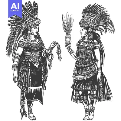 Aset desain premium: Two Indigenous Women in Traditional Dress and Headdresses