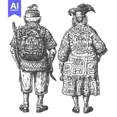 Two Individuals in Traditional Mayan Garb with Detailed Patterns and O