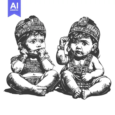 Two Infants in  Intricate Hats  and  Outfits