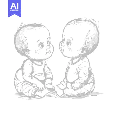 Two Infants Sitting Side-by-Side, Drawn in a Gray Sketch Style