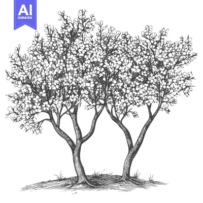 Aset premium populer: Two intertwined trees with a dense canopy of leaves and blossoms