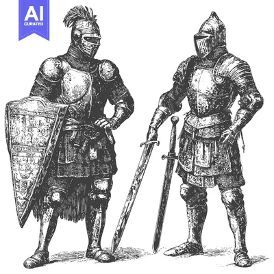 Two Knights in Full Armor Holding Swords and Shield