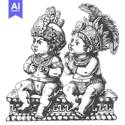 Two Mayan Children in Traditional Headdresses Sitting on a Stone Platf