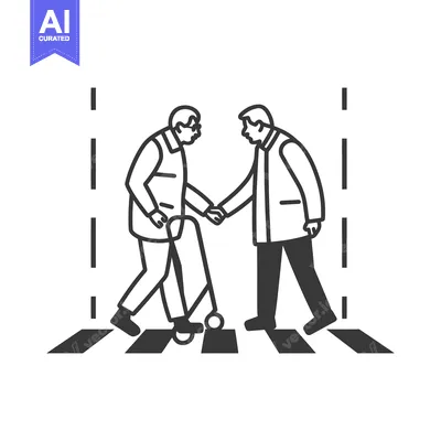 Aset premium populer: Two Men Crossing a Crosswalk, One Using a Walker
