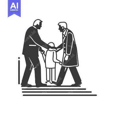 Two men escorting a child down a set of stairs