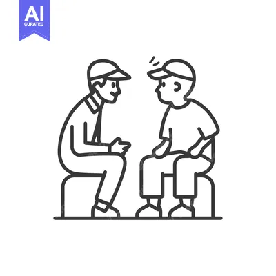 Aset desain premium: Two Men in Hats Sitting and Talking