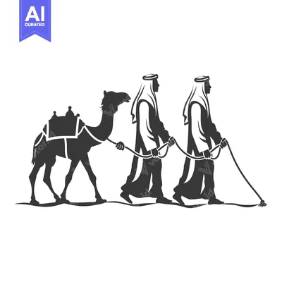 Two Men in Traditional Arab Clothing Leading a Camel