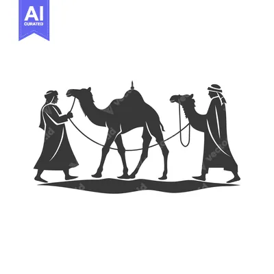 Two Men Leading a Camel Across a Desert Landscape