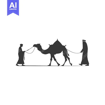 Two Men Leading a Camel in Silhouette