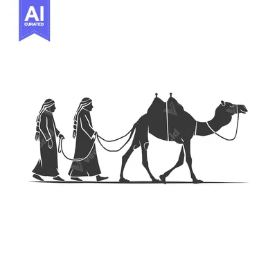Two Men Leading a Camel in Silhouette