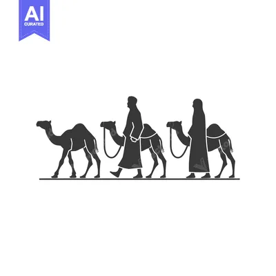 Two Men Leading Camels in Silhouette