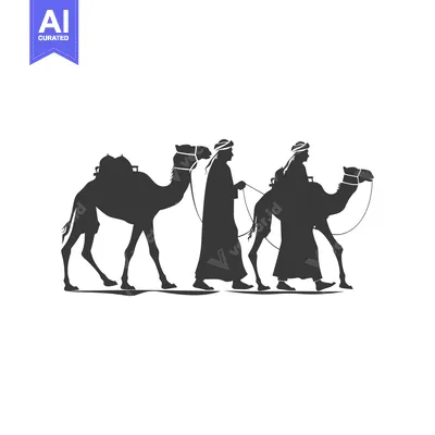 Two Men Riding Camels, Silhouette Illustration