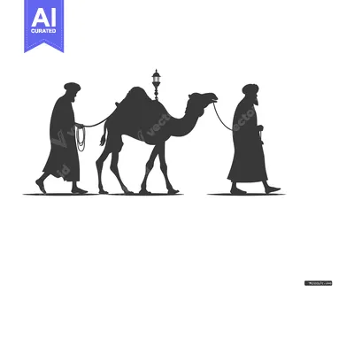 Two Men Walking with a Camel and a Lantern