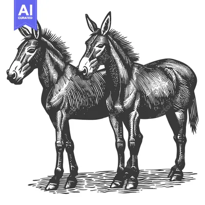 Two Mules Standing Side by Side in Black and White Woodcut Style