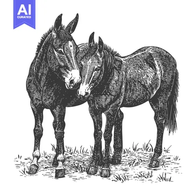Two Mules Standing Together In A Field, Black And White Woodcut Style