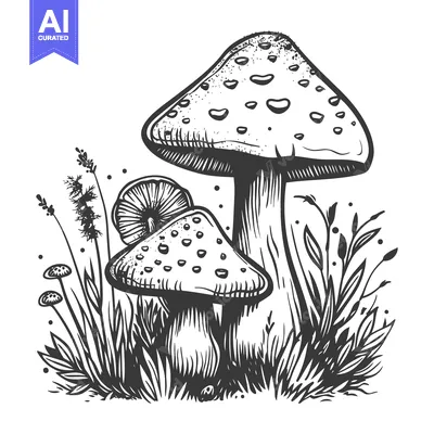 Two Mushrooms with Spotted Caps Growing in Grass
