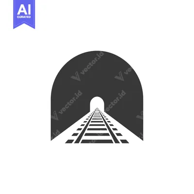 A black and white silhouette of a train track exiting a tunnel