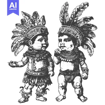 Two Native American Children in Traditional Headdresses