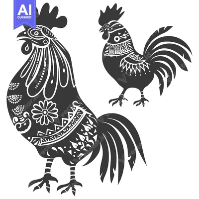 Two Ornamental Black Roosters with Detailed Feathers and Patterns