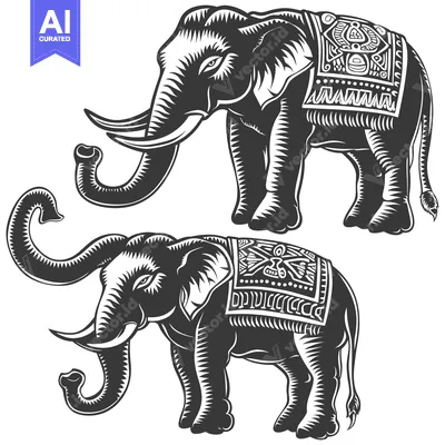 Two Ornate Black and White Elephants with Patterned Saddlecloths