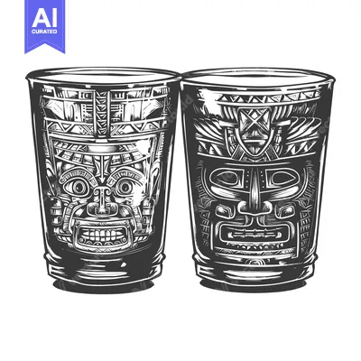 Aset desain premium: Two Ornate Glasses with Carved Faces