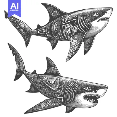 Two Ornate Sharks in a Detailed Black and White Illustration