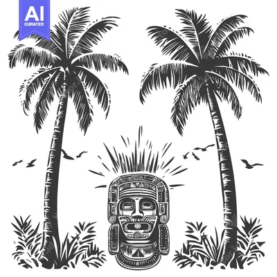 Two Palm Trees and an Intricate Mask Illustration