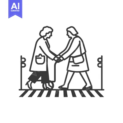 Aset desain premium: Two People Crossing a Crosswalk, One Using a Walker