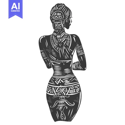 Aset premium populer: A Black and White Silhouette of a Woman Covered in Geometric Tribal Ta