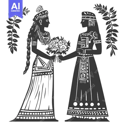 Two People in Traditional Clothing Exchanging a Bouquet of Flowers