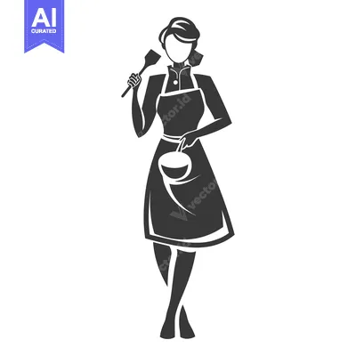 A black and white silhouette of a woman wearing an apron and holding a