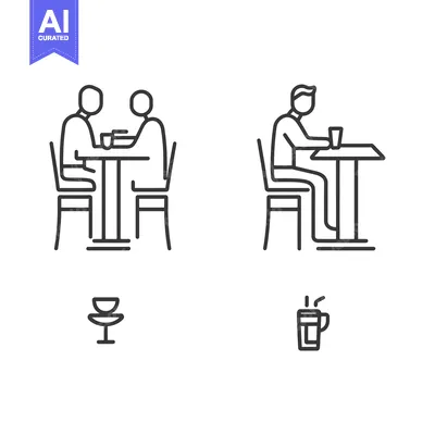 Two People Sitting at Tables with Drinks in Outline Drawings