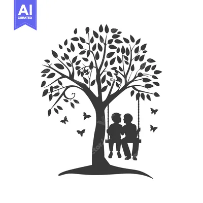 Two People Sitting on a Swing Under a Tree with Butterflies