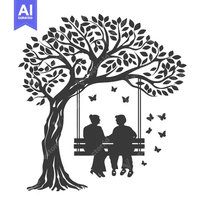Two People Sitting on a Swing Under a Tree with Butterflies