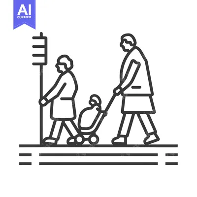 Aset desain premium: Two People Walking on a Sidewalk with a Baby Carriage