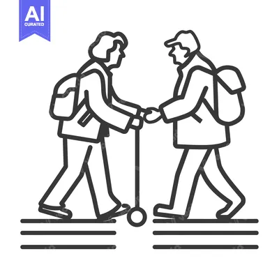 Premium design asset: Two people walking with backpacks and one holding a walking stick