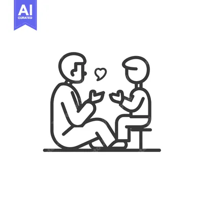 Two people with hearts above their heads, facing each other, talking