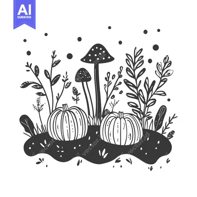 Two Pumpkins and Mushrooms in a Field of Grass and Flowers