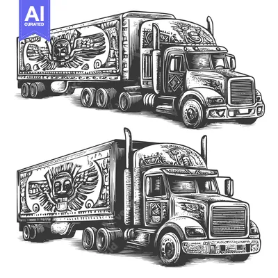 Two Semi-Trucks with Aztec-Inspired Designs and Skulls