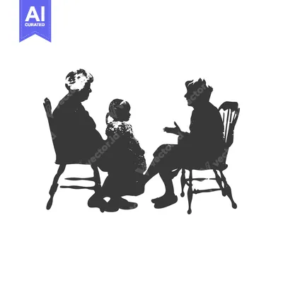 Aset desain premium: Two Silhouettes of Adults and a Child Sitting in Chairs
