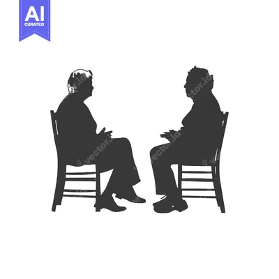 Two Silhouettes of Elderly People Sitting and Talking