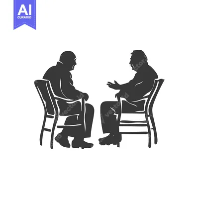 Two Silhouettes of Elderly People Sitting in Chairs and Talking