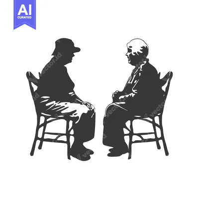 Two Silhouettes of Elderly People Sitting on Chairs Facing Each Other